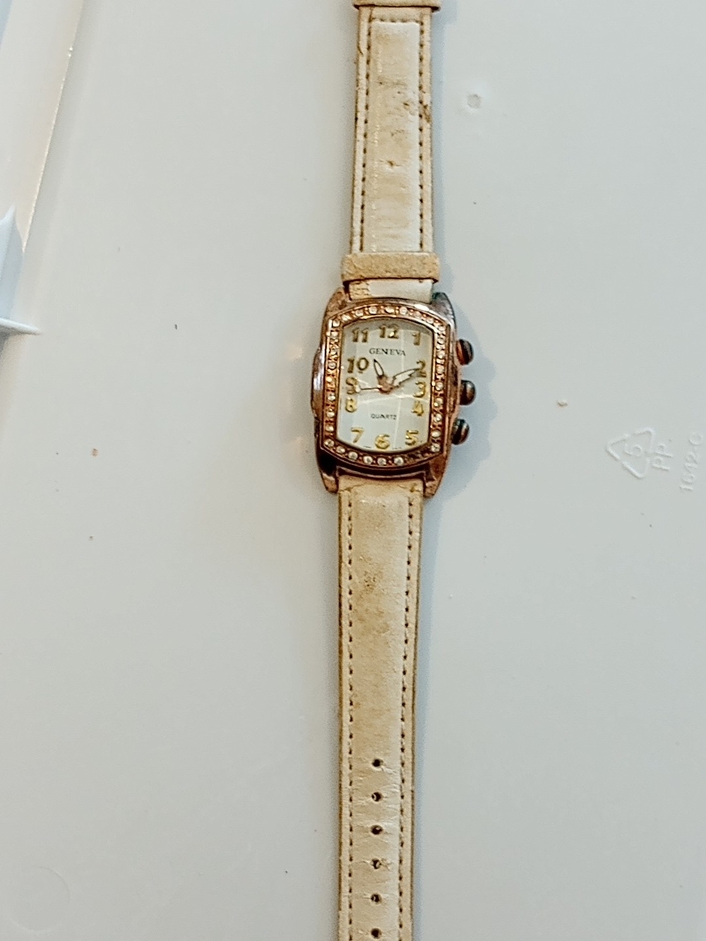 Geneva White Leather Strap Watch with Crystal Accents